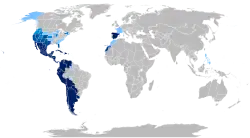 &nbsp;&nbsp;&nbsp;&nbsp;&nbsp;Țări unde spaniola are statut de limbă oficială
&nbsp;&nbsp;&nbsp;&nbsp;&nbsp;State ale SUA, state ale Braziliei, provincii ale Canadei și țări unde spaniola nu are statut oficial dar este vorbită de 25% sau mai mult din populație
&nbsp;&nbsp;&nbsp;&nbsp;&nbsp;State ale SUA, state ale Braziliei, provincii ale Canadei și țări unde spaniola nu are statut oficial dar este vorbită de 10–20% din populație
&nbsp;&nbsp;&nbsp;&nbsp;&nbsp;State ale SUA, state ale Braziliei, provincii ale Canadei și țări unde spaniola nu are statut oficial dar este vorbită de 5–9% din populație
&nbsp;&nbsp;&nbsp;&nbsp;&nbsp;Țări sau regiuni unde sunt vorbite limbi creole de origine spaniolă, cu sau fără recunoaștere oficială