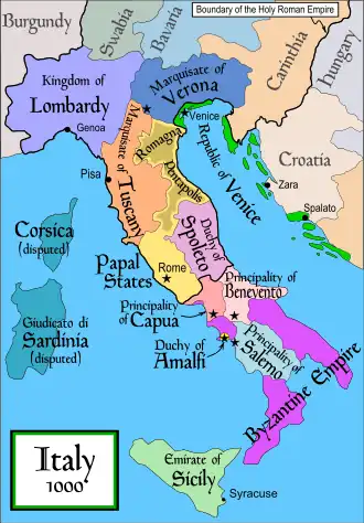 Peninsula Italică în jurul anilor 1000 cu regiuni ale Imperiului Bizantin (în sud).