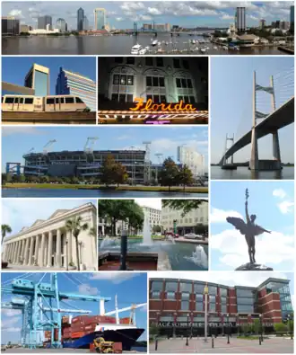 Imagini de sus, stânga la dreapta: Downtown Jacksonville, Jacksonville Landing, EverBank Field, Jacksonville Veterans Memorial Arena, Friendship Fountain cu Riverplace Tower în spate, Dames Point Bridge, Jacksonville Public Library (Florida), Hart Bridge, Prime F. Osborn III Convention Center