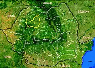 Harta României cu județul Cluj indicat