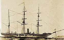 Side view of a three-masted ship with a smokestack on a flat sea.