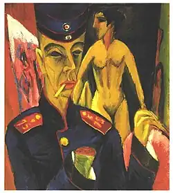 Autoportret ca un Soldat; de Ernst Ludwig Kirchner; 1915; 69,2 × 60,9&nbsp;cm.; Muzeul Memorial de Artă Allen (Oberlin, Ohio, SUA)