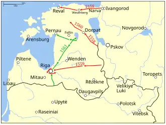 Three Russian campaigns are visible in 1558, 1559 and 1560, all from east to west. One Polish–Lithuanian campaign in 1561 is shown advancing up the central part of Livonia. Refer to the text for details.