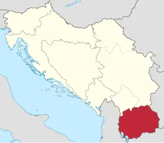 Republica Socialistă Macedonia (roșu), în cadrul Republicii Socialiste Federative Iugoslavia