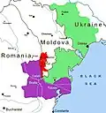 Euroregiunea Dunării de jos cu roșu (raioanele din Republica Moldova), cu violet (județele din România), cu verde (oblastia Odesa din Ucraina)