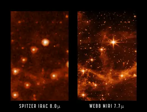 Comparație de imagini între „vechiul” Spitzer și noul JWST