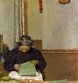 Madame Vuillard Cousant sau Bătrâna Examinându-și Țesătura; de Edouard Vuillard; 1893; ulei pe carton; 29,2 × 27,9&nbsp;cm.; colecție privată din Paris