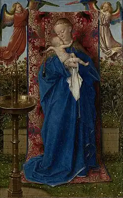 Madonna la fântână de Jan van Eyck, 1439. Alegerea robei albastre a lui Van Eyck poate fi privită ca dovadă a influenței italiene.
