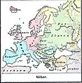 Sașii ca parte a popoarelor germanice din Europa în anul 1899 (doar cu o anumită parte a teritoriilor tradiționale locuite de aceștia în Transilvania pe această hartă, mai precis în sudul regiunii)