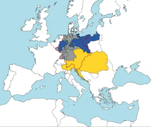 Confederația Germană în 1820. NU toate teritoriile celor două puteri majore - Imperiul Austriac (galben) și Prusia (albastru) făceau parte din Confederație (frontiera roșie)