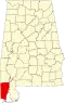 Harta statului Alabama indicând comitatul Mobile