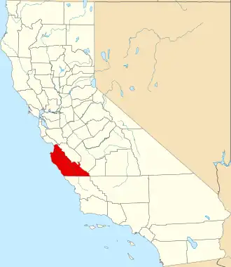 Harta statului California indicând comitatul Monterey