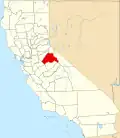 Harta statului California indicând comitatul Tuolumne