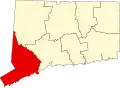 Harta statului Connecticut indicând comitatul Fairfield