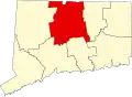 Harta statului Connecticut indicând comitatul Hartford