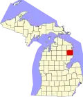 Harta statului Michigan indicând comitatul Alcona
