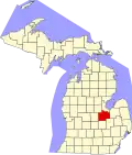 Harta statului Michigan indicând comitatul Saginaw