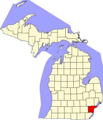 Harta statului Michigan indicând comitatul Wayne