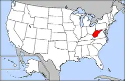 Harta Statelor Unite cu statul West Virginia indicat