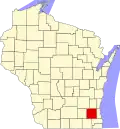 Harta statului Wisconsin indicând comitatul Waukesha