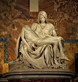 Pietà; de Michelangelo; 1498–1499; marmură; 517&nbsp;cm × 199&nbsp;cm; Bazilica Sfântul Petru (Vatican)