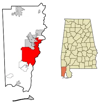 Plasarea orașului Mobile în comitatul Mobile, statul &nbsp;Alabama