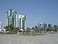 Doha of today, with modern buildings.