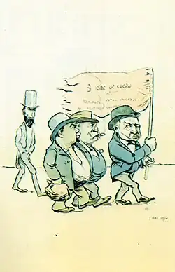 1 Mai 1900 - 8 ore de lucru (D.A. Sturdza, Anastase Stolojan, Gheorghe Pallade și ... Mihail Pherekyde), caricatură de Nicolae S. Petrescu-Găină