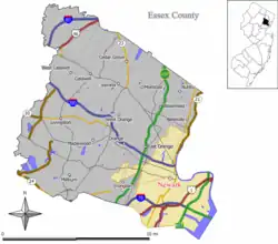 Map of Newark in Essex County. Inset: Location of Essex County highlighted in the State of New Jersey.