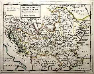 Țările croate (Dalmația, Slavonia și centrul Croației) sunt ușor de recunoscut în partea stângă a acestei hărți englezești de la 1726; teritoriul marcat „Romania” e, de fapt, Rumelia.