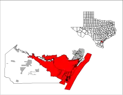 Plasarea localității Corpus Christi în comitatul Nueces, respectiv în statul Texas