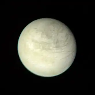 Europa as seen from Voyager 1 at a distance of 2.8&nbsp;million km