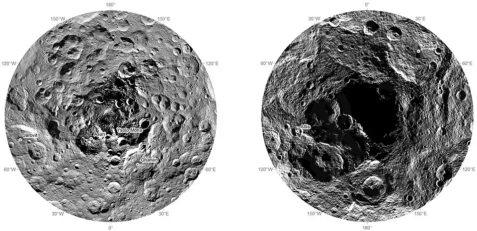 Ceres, regiuni polare (noiembrie 2015): Nord (stânga); sud (dreapta). Polul sud este umbrit. „Ysolo Mons” a fost redenumit de atunci în „Yamor Mons”.