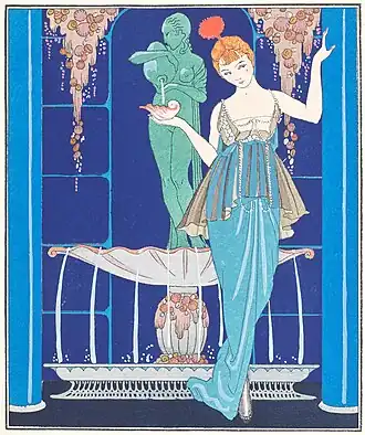 Ilustrație de Georges Barbier a unei ținute de Jeanne Paquin (1914). Designurile florale stilizate și culorile intense sunt o caracteristică a Art Deco-ului timpuriu