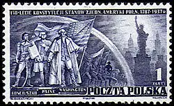 Timbru poștal polonez (1938): Kościuszko cu sabie (stânga), Thomas Paine și George Washington.