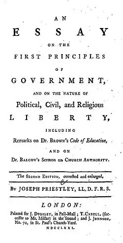 De pe pagină se poate citi: „An Essay on the First Principles of Government, and on the Nature of Political, Civil, and Religious Liberty, including Remarks on Dr. Brown's Code of Education, and on Br. Balguy's Sermon on Church Authority. The Second Edition, corrected and enlarged, by Joseph Priestley, LL.D. F.R.S. London: Printed for J. Dodsley, in Pall-Mall; T. Cadell, (successor to Mr. Millar) in the Strand; and J. Johnson, No. 72 in St. Paul's Church-Yard. MDCCLXXI.”