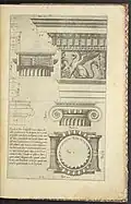 Ilustrație a frizei și cpitelului ionic din trei unghiuri, din Regola delli cinqve ordini d'architettvra (1563), de Jacopo Barozzi