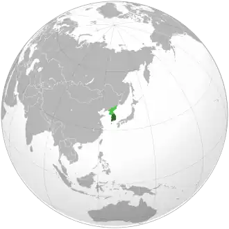 Amplasarea Coreei de Sud (verde) în Asia Orientală