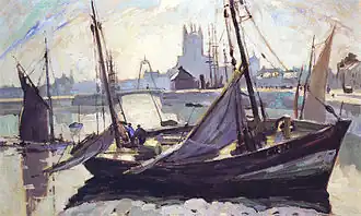 Robert Antoine Pinchon, Barques, Fécamp, 1930, ulei pe pânză, 60 × 73 cm.
