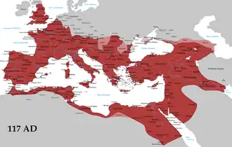 Harta Imperiului Roman la apogeu (117)