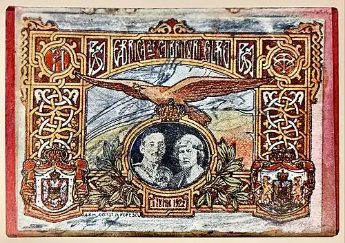 Capac de cutie de chibrituri produs cu ocazia încoronării din 1922 de la Alba Iulia, ilustrator necunoscut, 1922, cerneală pe hârtie