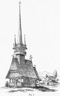 Biserica de lemn din satul Roșiori (astăzi dispărută), surprinsă de cercetătorul satmărean Franz Schulz în anul 1886