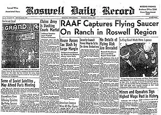 Ziarul din Roswell, Roswell Daily Record din 8 iulie 1947, anunțând "capturarea" unei "farfurii zburătoare," de către United States Army, în apropierea localității.