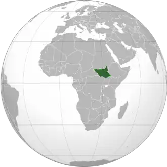 Amplasarea Sudanului de Sud (verde închis) în cadrul Africii