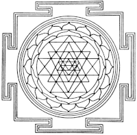 O diagramă reprezentând Sri Yantra, care la exterior înfățișează un pătrat, cu patru porți în forma literei T, iar în interior un cerc.