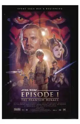 În afișul filmului apar diferite personaje, înconjurate de un chenar negru pe care scrie sus „Fiecare saga are un început”. În fundal, este o imagine de aproape a unei fețe cu ochi galbeni și cu tatuaje roșu-negre. Sub ochi se află un om bărbos cu păr lung, o tânără fată cu fața machiată în alb, nave spațiale, un robot mic și unul cilindric aflați sub fața omului bărbos, un băiețel în haine gri, un băiat cu o haină maronie și sabie laser, o creatură extraterestră cu urechi lungi. În josul afișului este scris titlul filmului "Star Wars Episode I: The Phantom Menace" și echipa de producție.