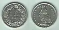 1 franc elvețian, emis în anul 1980, avers la stânga și revers la dreapta.