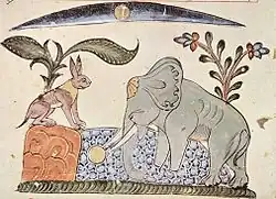 Ilustrație cu iepure și elefant din Panchatantra, 1354