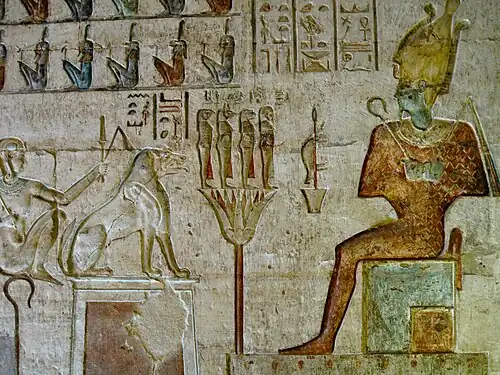Relief cu Osiris din interiorul templului lui Hathor de la Deir el-Medina, lângă Luxor