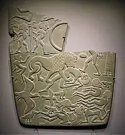 Paletă cu o bătălie; circa 3100 î.Hr.; piatră; lățime: 28,7 cm, grosime: 1 cm; din Abydos (Egipt); British Museum (Londra)